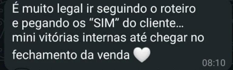 Print de WhatsApp: mentorado descreve o caminho até o fechamento da venda